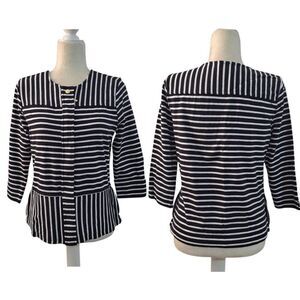 C Wonder Women's 3/4 Sleeve Full Zip Jacket Top Cotton Black White Striped Sz 8